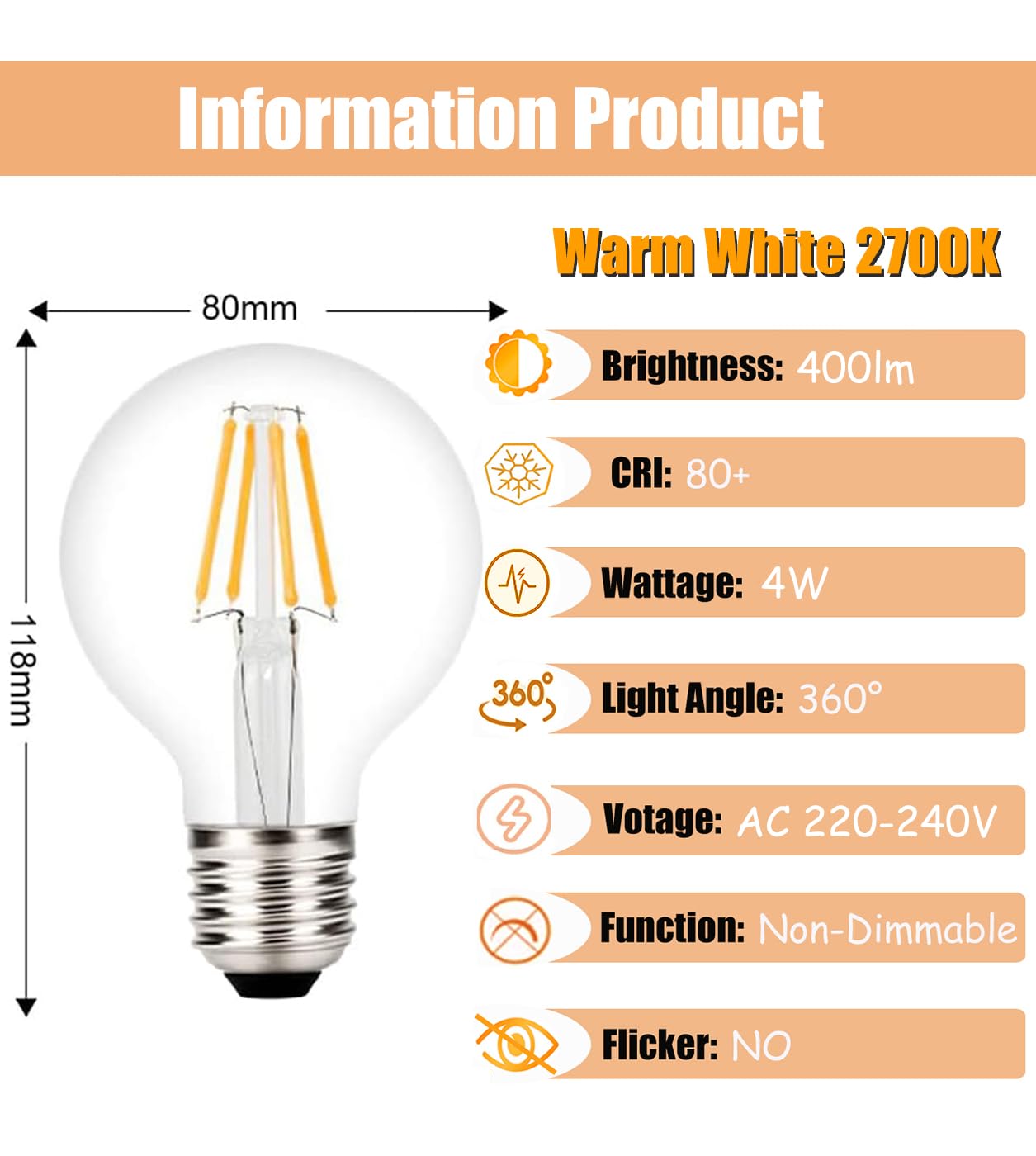 4W G80 E27 80mm Edison Globo Retro Bombilla LED Filamento, Luz Blanco Cálido 2700K, 400 Lúmenes, Reemplazo de 40W Hálogena Bombilla, No Regulable, 2 Unidades