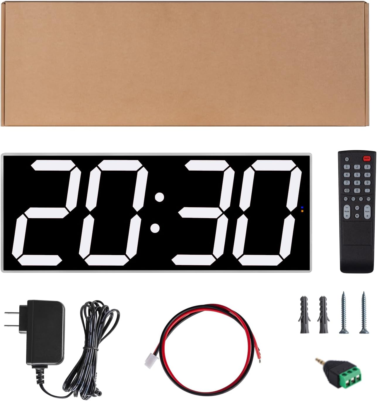 Contents of the West Ocean Smart Digital LED WiFi Wall Clock package, including the clock, remote control, power adapter, various cables, and mounting screws.