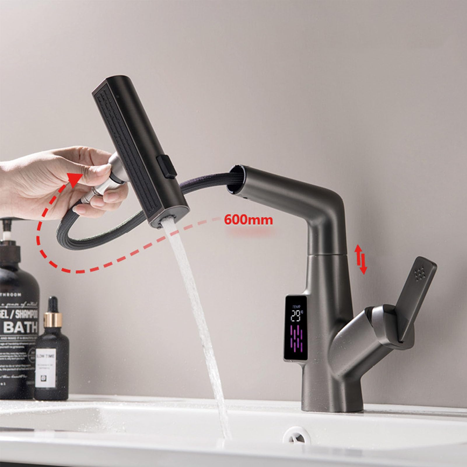Grifo de baño con rociador extraíble, Grifo de Lluvia con Pantalla LED de Temperatura para Lavabo de baño, Grifo de baño elevable, Grifo Mezclador de Lavabo de una manija, Gris