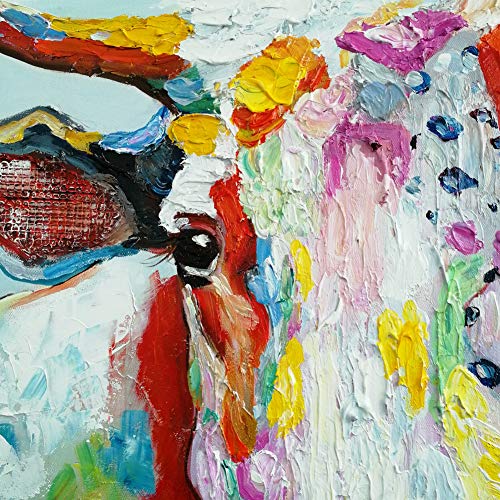 Colorful Cow Paintings Canvas Wall Art Animal Paintings Handmade Texture Oil Paintings 3D Cow Pictures American Country Style Wall Decor For Living Room Bedroom Modern Art Work Wooden Framed 24X24Inch #TOP2