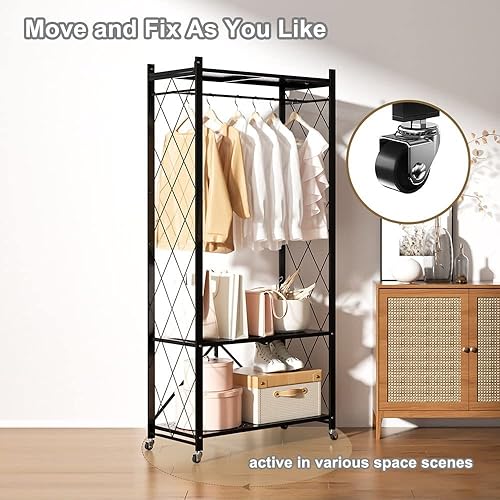 Miniatura 4 de Perchero de ropa resistente con ruedas, estante de almacenamiento de 2 niveles, para colgar ropa, 28.0 x 13.0 x 61.4in (negro)