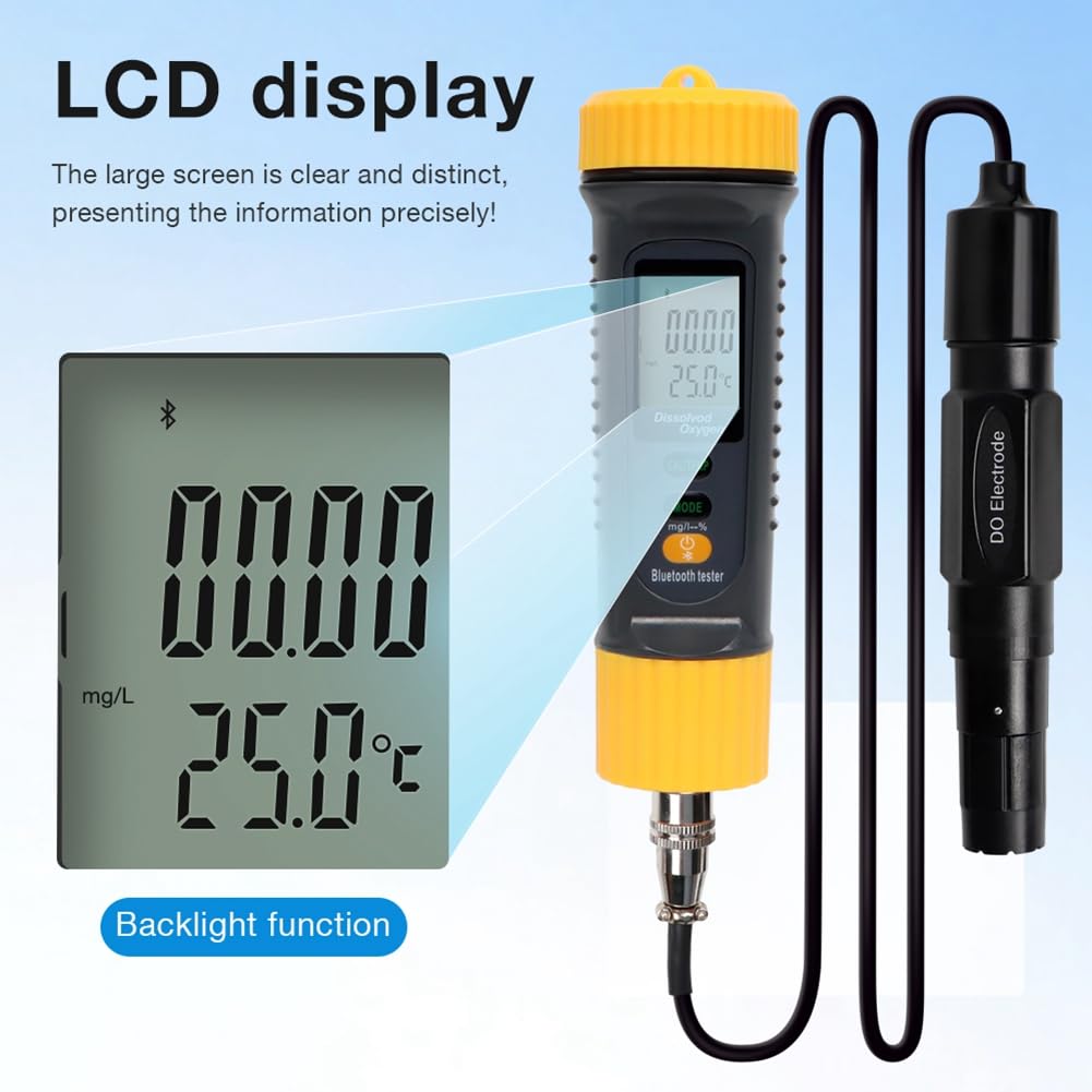 Misuratore di Ossigeno Disciolto Bluetooth con Display LCD Digitale Professionale per la Qualità 'Acqua 0.0‑20.0mg/L 0°C-50°C Misuratore di Temperatura