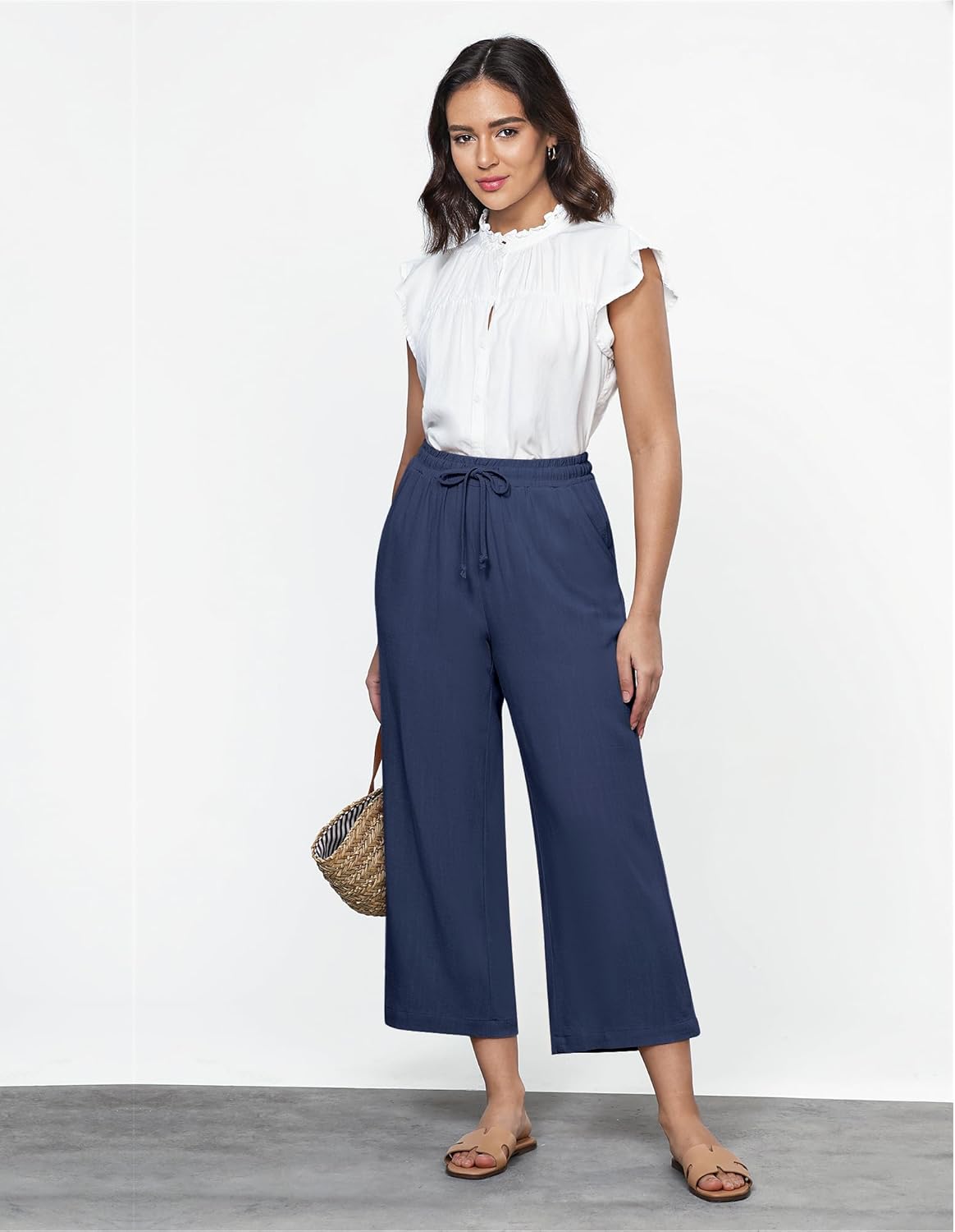 GRAPENT Linen Pants for Women High Waisted Wide Leg Capri Elastic Waist Casual Beach Flowy Cropped Summer Capris Pants - Image 4