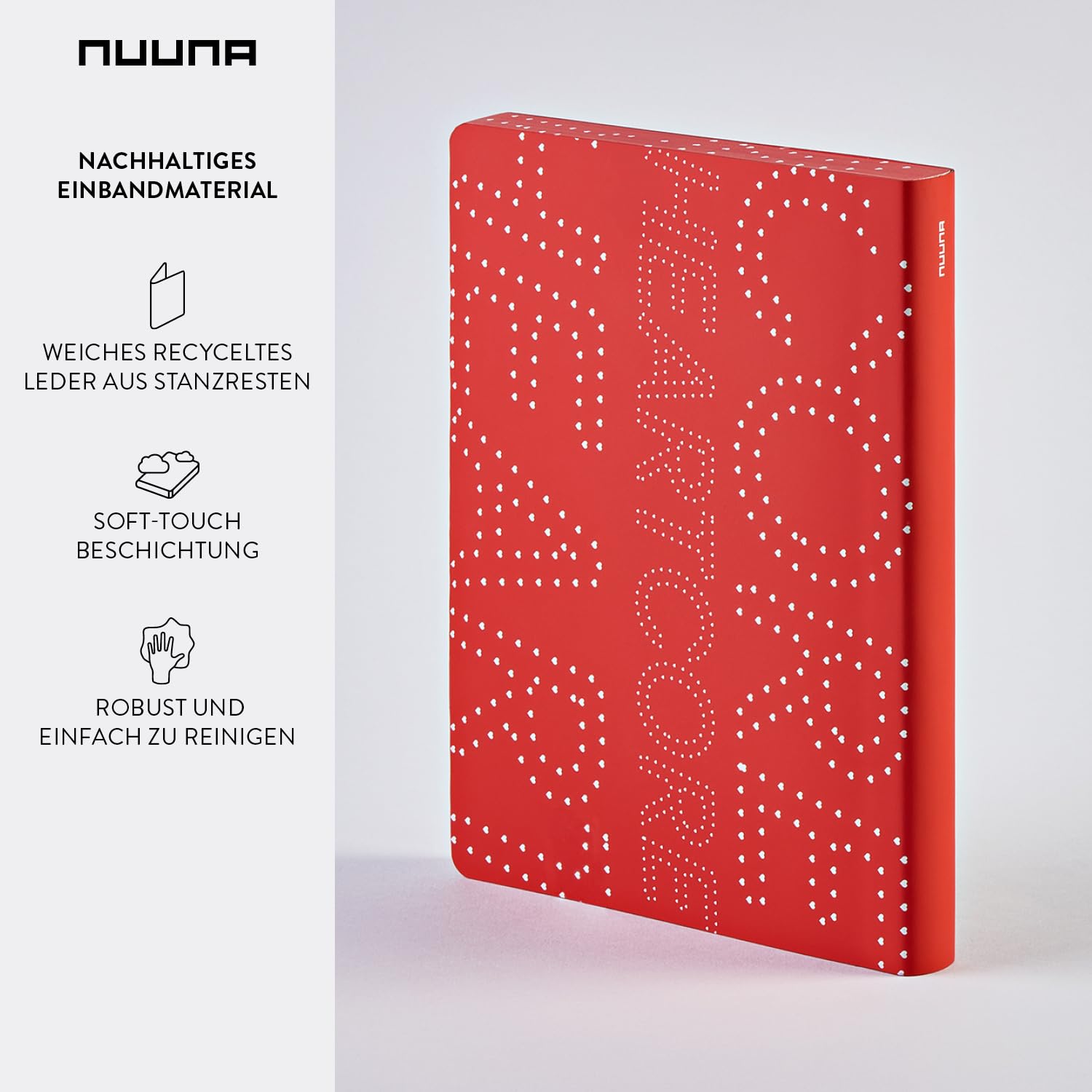 Nuuna Notizbuch A5+ | Graphic L - Heart Core | 3,5 mm Punktraster | 256 nummerierte Seiten | 120 g Premium-Papier | Leder rot | nachhaltig produziert in Deutschland