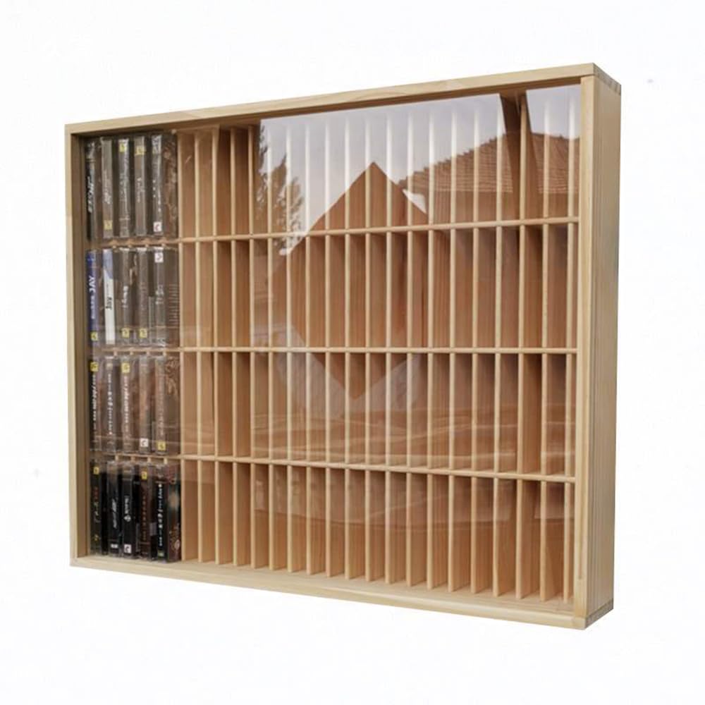 Scaffale portaoggetti per cassette a 100 scomparti, con porta in acrilico trasparente, montaggio a parete o scaffale autoportante in legno per soggiorno, ufficio, studio, protezione antipolvere