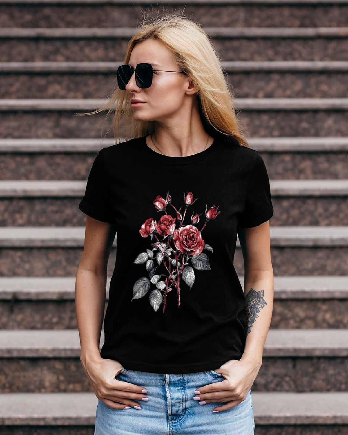 Graphic T Shirts for Women, Red Rose Vintage Cotton Girls Tees Short Sleeve Crewneck Summer Gym Casual Tops - Image 8