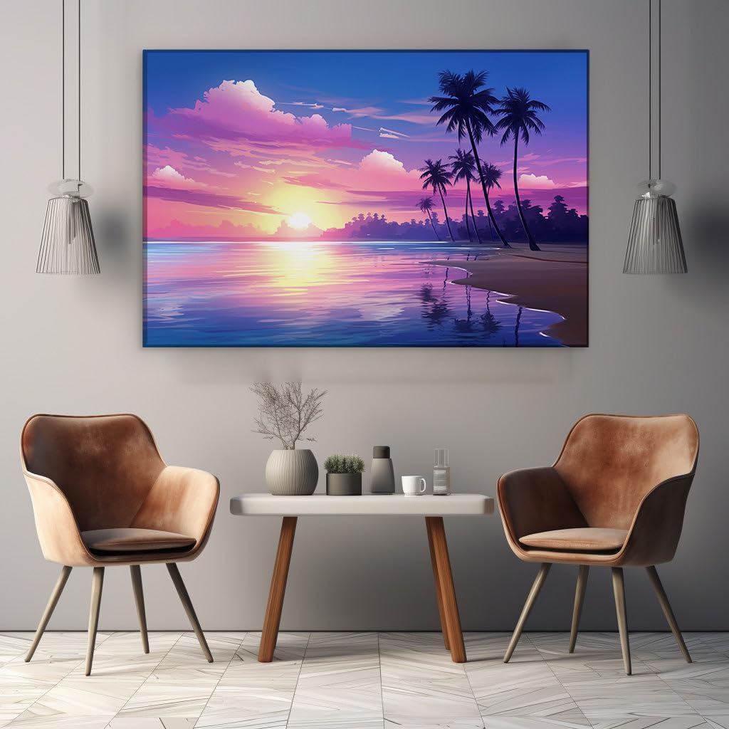 Canvas for Living room. Sunset Serenity: A Palette of Rose and Purple Over a Calm Seashore, 27 x 18 inch Canvas Wall Art - Contemporary Masterpieces - Modern Home Decor - 69x46 cm (27x18 inch)