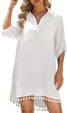 Women Swimsuit Cover Up Button Down Beach Shirt Dress, Lightweight Long Sleeve Bikini Layer for Resort