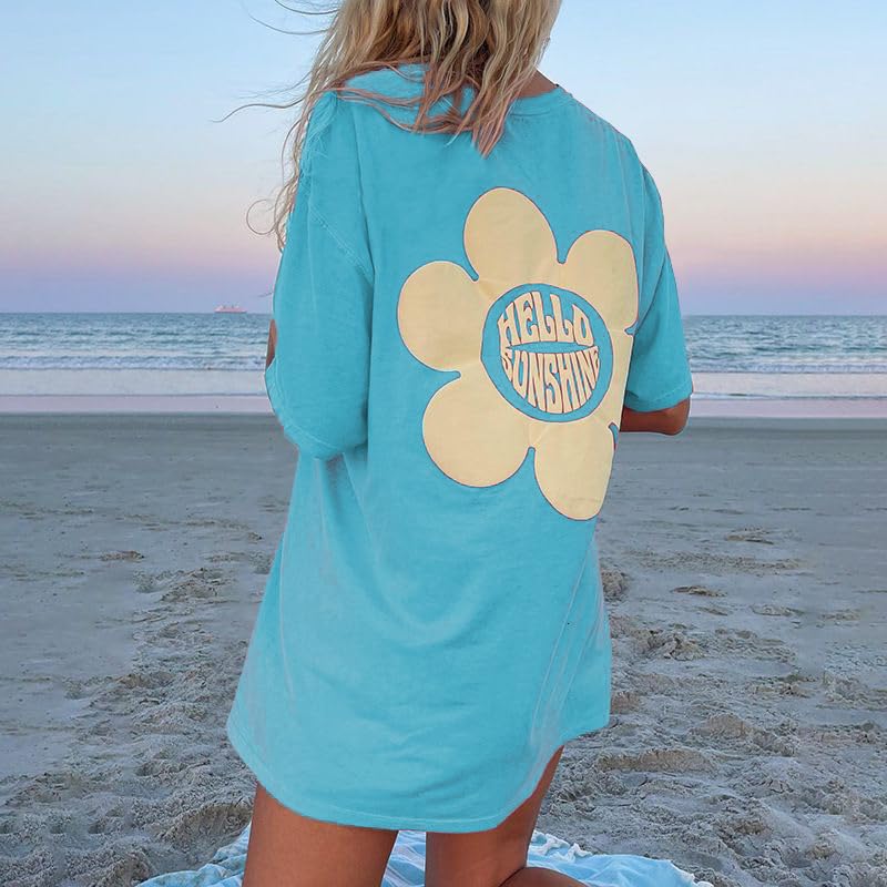 Image of Vintage Oversized Flower Graphic Tees Cute Surfboard Palm Baggy T-Shirts Summer Preppy Beach Tops Teen Girls Clothes