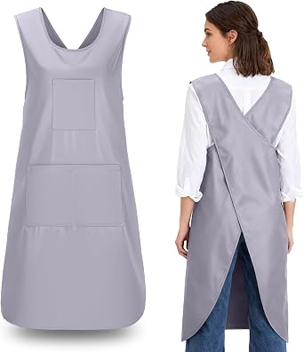 Cross Back Kitchen Apron for Women, Japanese Polyester Pinafore with 3 Pockets for Baking Cooking Grill BBQ, Unisex X Shape Design Aprons for Chef Waitress, Cozy Smock Fits for Gardening Works, Grey