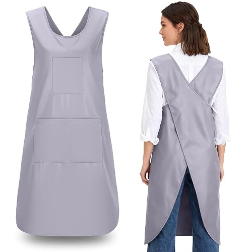 Cross Back Kitchen Apron for Women, Japanese Polyester Pinafore with 3 Pockets for Baking Cooking Grill BBQ, Unisex X Shape Design Aprons for Chef Waitress, Cozy Smock Fits for Gardening Works, Grey