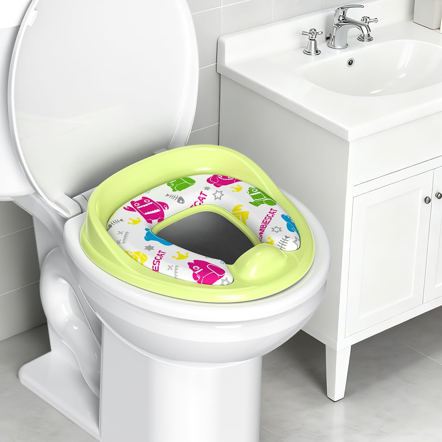 Orinal de entrenamiento musical 3 en 1 para niños pequeños con asiento acolchado, verde y blanco, maceta interior extraíble