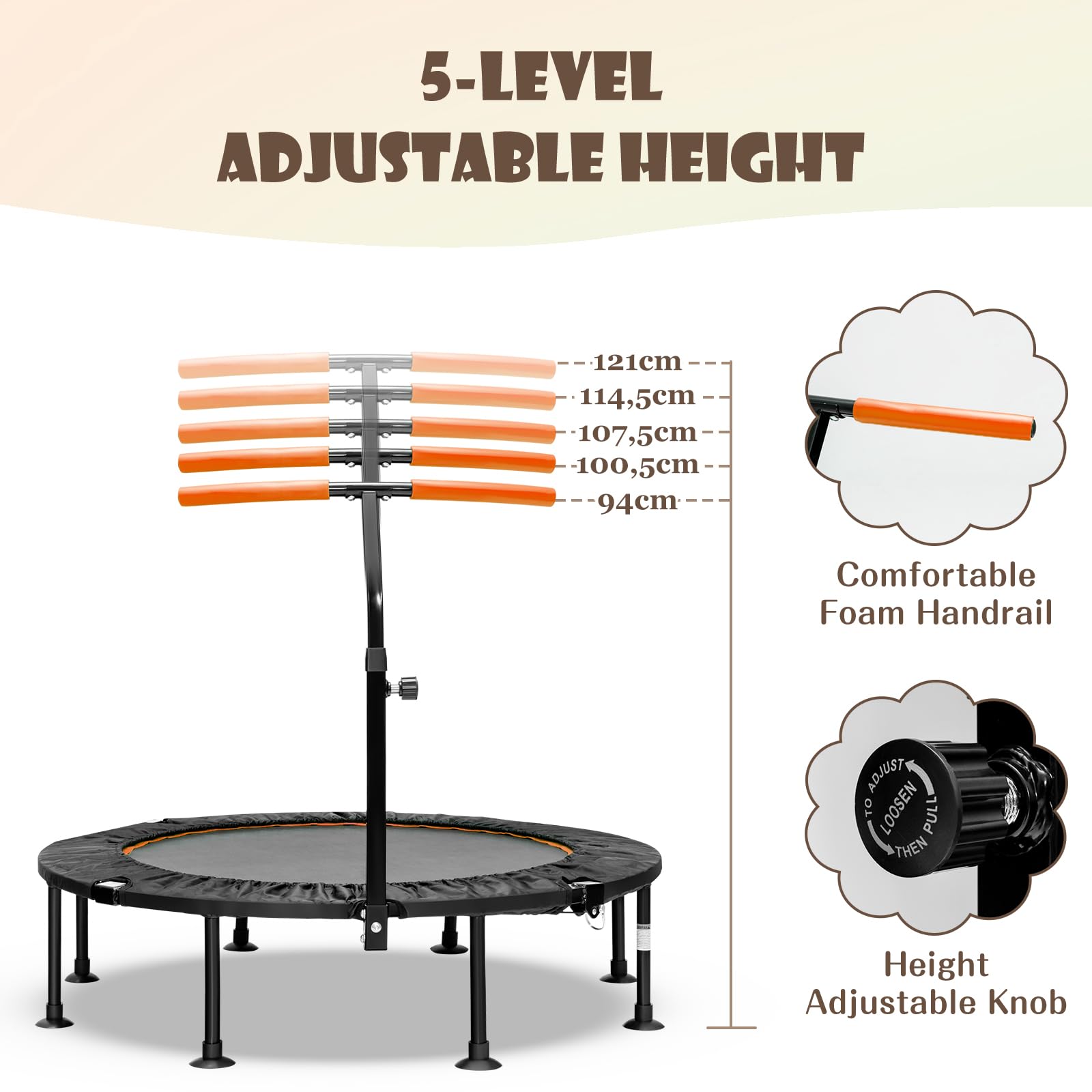 LIFEZEAL Mini składana trampolina o średnicy 110 cm, trampolina dziecięca z regulacją wysokości poręczy, fitness trampolina do treningu, maksymalna waga 100 kg