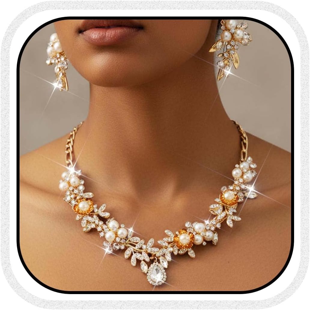 Yean Gold Bridal Jewelry Set Rhinestone Necklace and Earring Set Pearl Costume Prom Jewelry for Women and Bride