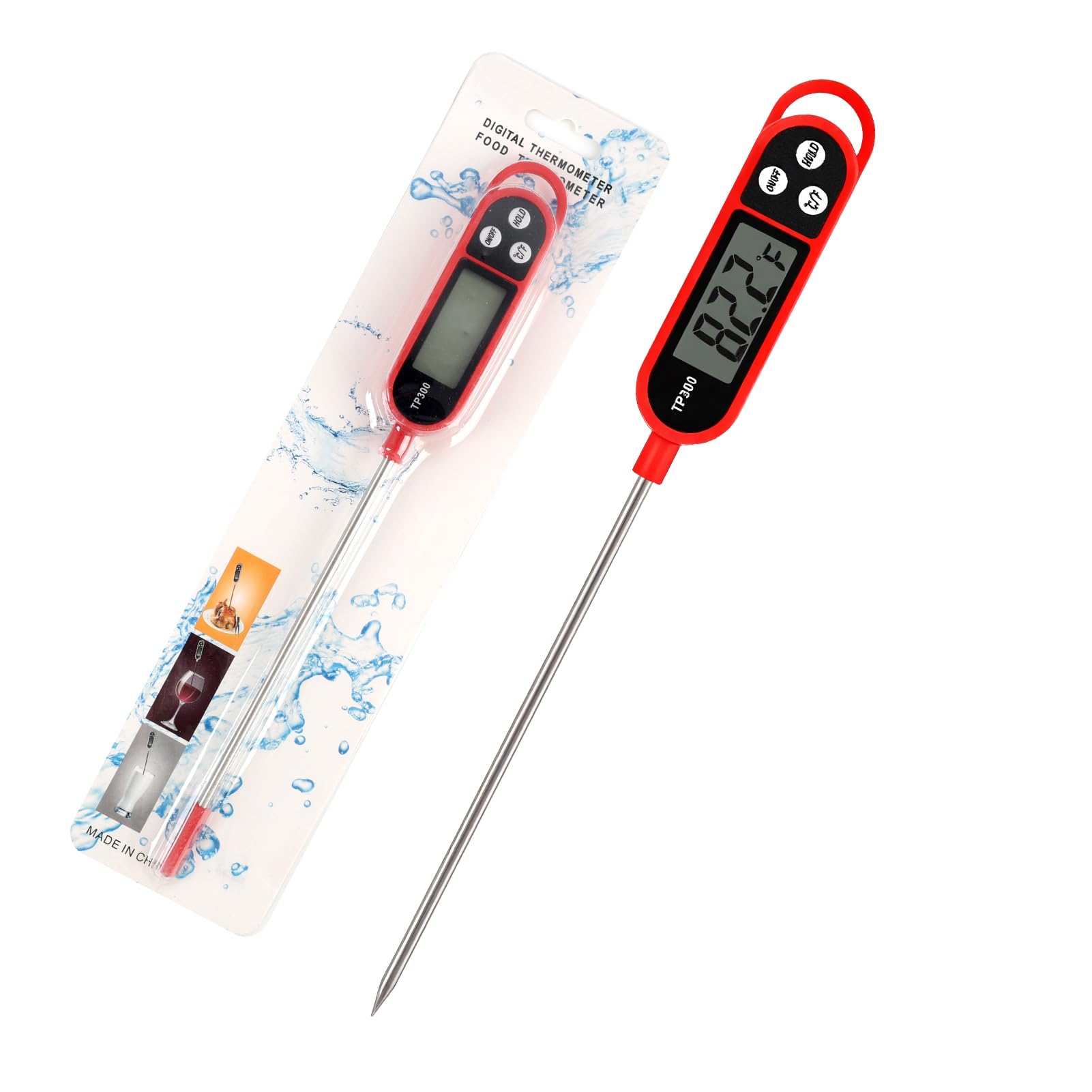 Digitales Küchenthermometer mit langer Sonde, sofortiges Lebensmittelthermometer mit LCD-Display, Messbereich -50 °C bis 300 °C, schnelle Ablesung 3 – 5 s, Hold-Funktion °C/°F, für Fleisch, BBQ