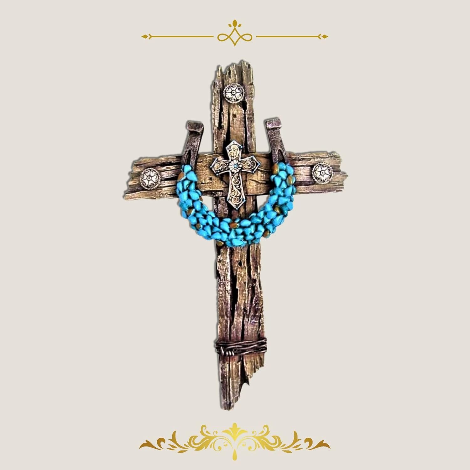 AMAJY Rustic Drifted Wood Look Wall Cross with Turquoise Decor Horseshoe Spiritual Wall Art