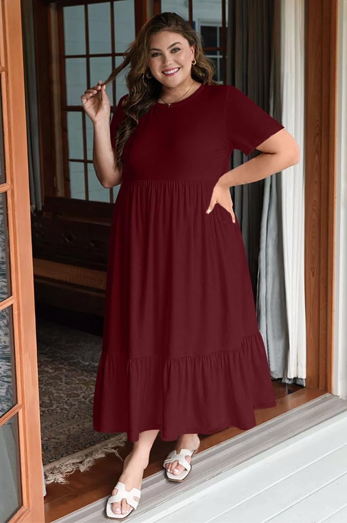 Plus Size Dresses for Women Summer Casual Short Sleeve Crewneck Aline Swing Flowy Tiered Maxi Long Dress with Pockets - Image 4