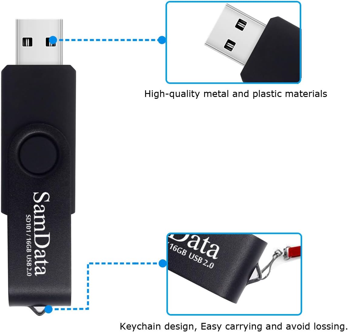 SamData USB Flash Drive 16GB 5 Pack USB 2.0 Thumb Drive Swivel Memory Stick Data Storage Jump Drive Zip Drive Drive with Led Indicator (Black, 16GB-5Pack)