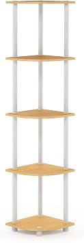 VooBang 5-Tier 57.7" Wooden Round Corner Shelf for Living Room, Office, Beech & White, Modern Corner Bookshelf Organizer for Small Spaces, Rustic Display Storage Rack