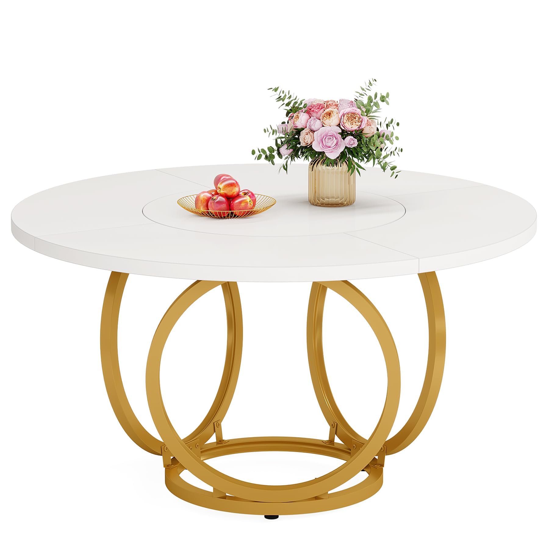 Tribesigns Tavolo da pranzo rotondo per 4, tavolo da cucina bianco con base in metallo dorato, tavolo da pranzo in legno, tavolino da caffè per cucina, sala da pranzo, bar 120 * 120 cm, bianco e oro