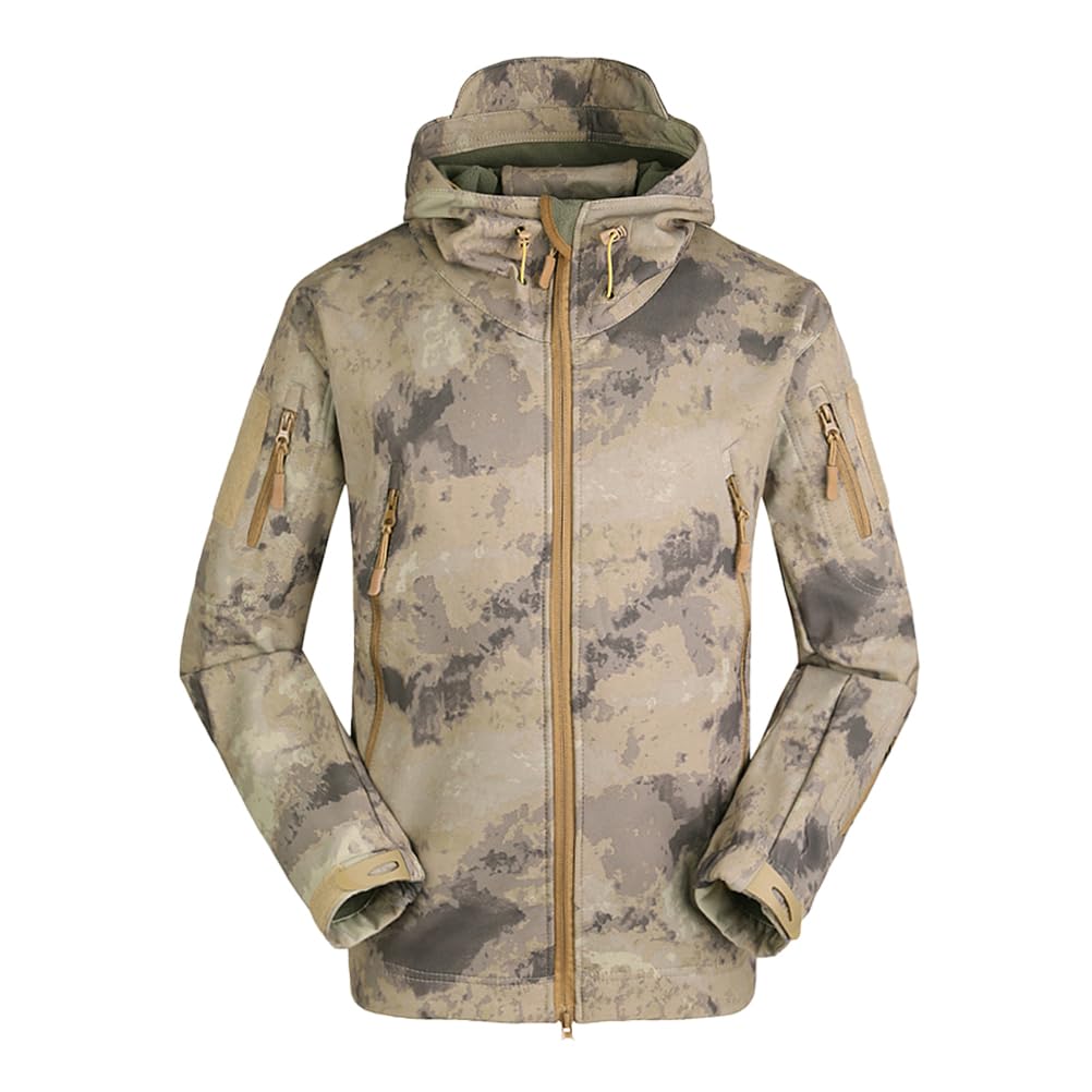 GUOCU Giacca Softshell da Uomo Esterno Antivento Mimetica Militare Giacche con Tasche con Cerniera Leggero Giacca a Vento Giubbotto Calda Cappuccio Cappotto per Montagna Escursionismo Pesca Caccia