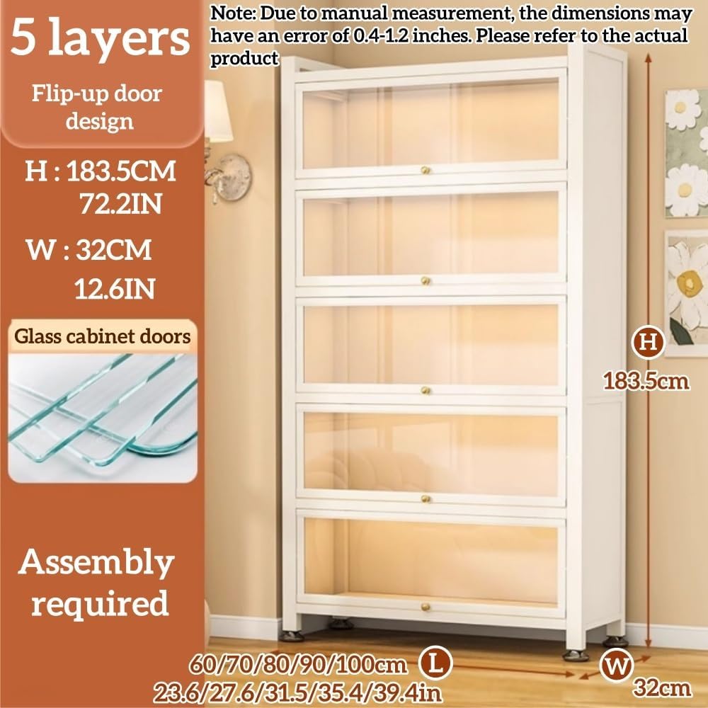 3/4/5-Tiers Display Cabinet with Glass Doors, Metal Bookcase, Minimalist Kitchen Cabinet, Storage Case for Living Room, Study, Game Room(Gray,35.4x12.6x72.2in)