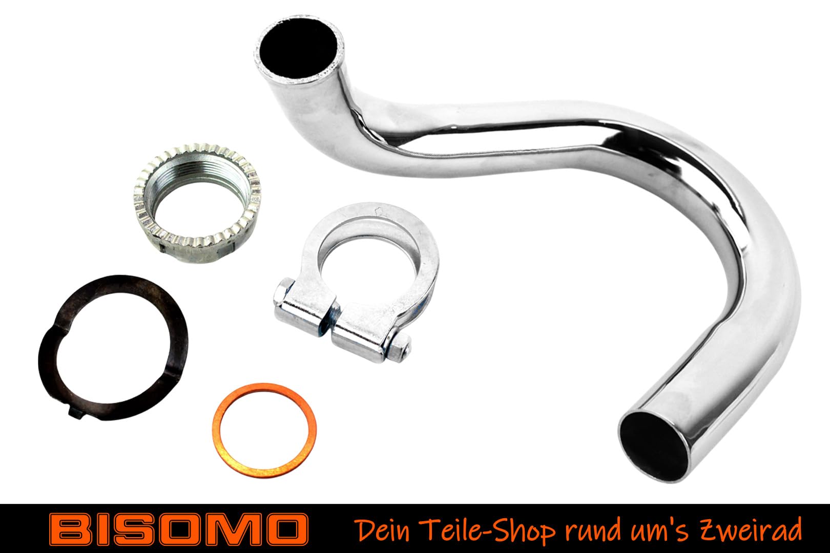 Krümmer + Krümmermutter-Set 32mm Tuning, für Simson SR50 SR80 Roller, verchromt, mit Klemmschelle, Krümmerdichtring, Sicherungsblech