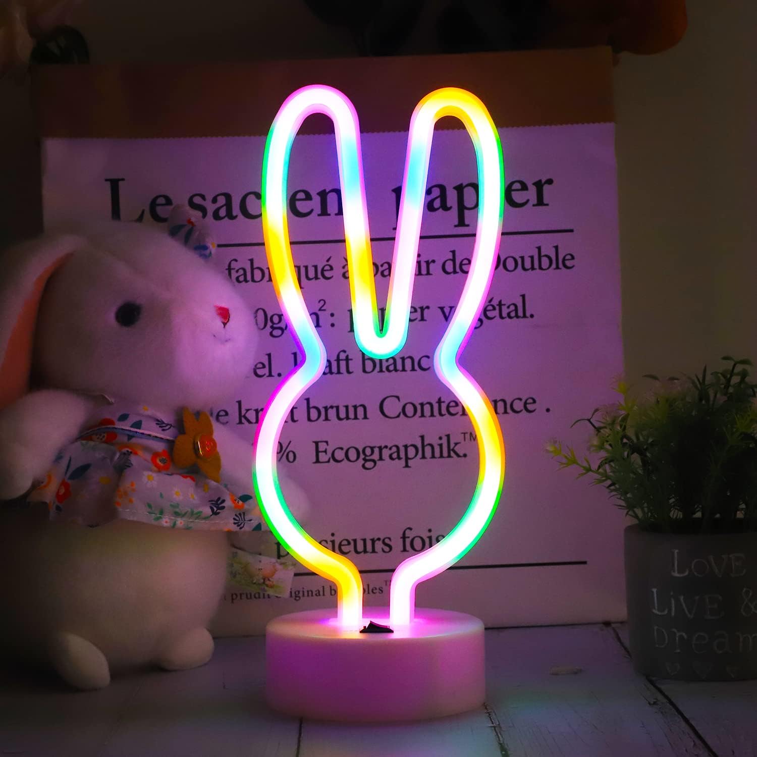 Easter Decorations Neon Bunny Lights, Creative Bunny Neon Signs with Base, Battery/USB Operated, Multi-colored Rabbit Lights for Home, Kids, Spring Decor