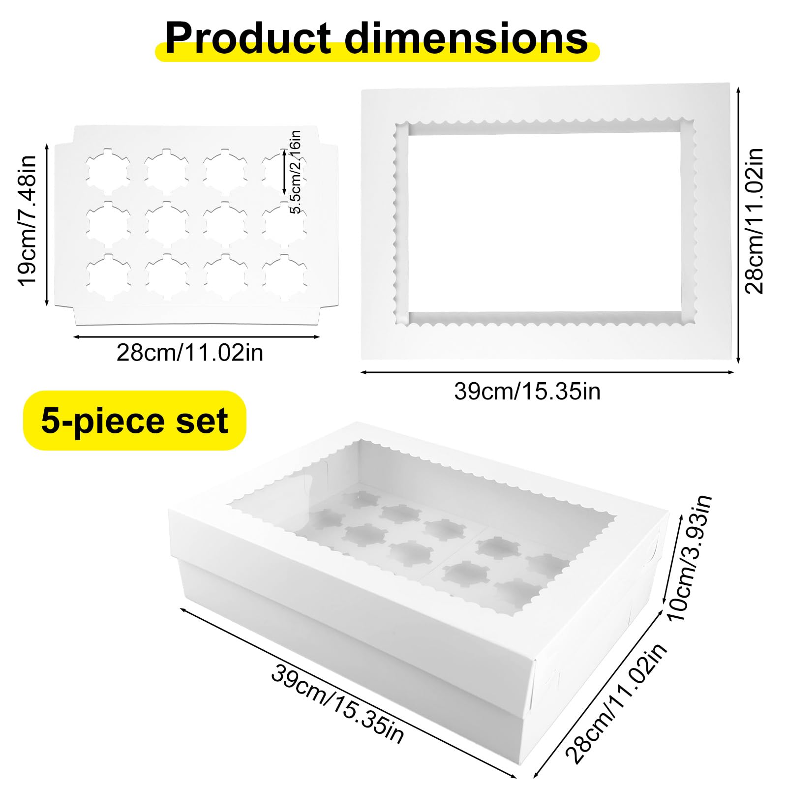 5stk Cupcake-Boxen 24 Stück mit Fenster, Wellpappe Mini-Cupcake-Behälter Höhenverstellbare Einsätze für Bäckerei Desserts Kekse Muffins Partys Geschenkverpackung (39x28x10cm)
