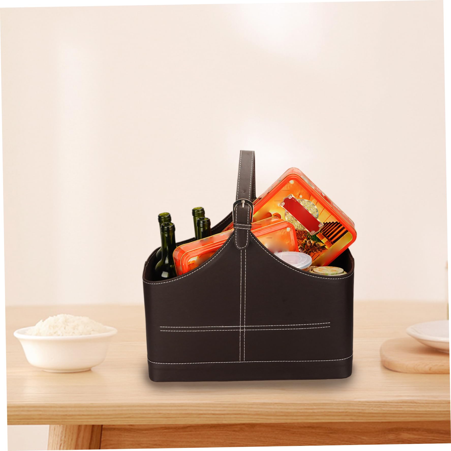 Wein Geschenkkorb wasserdichte Lederweinkorb tragbarer Geschenkkorb mit oberen Griff Multifuktionaler Lagerkorb Halt Wein, Obst, Gemüse, Snacks für Pincnic Beach, Lederkorb
