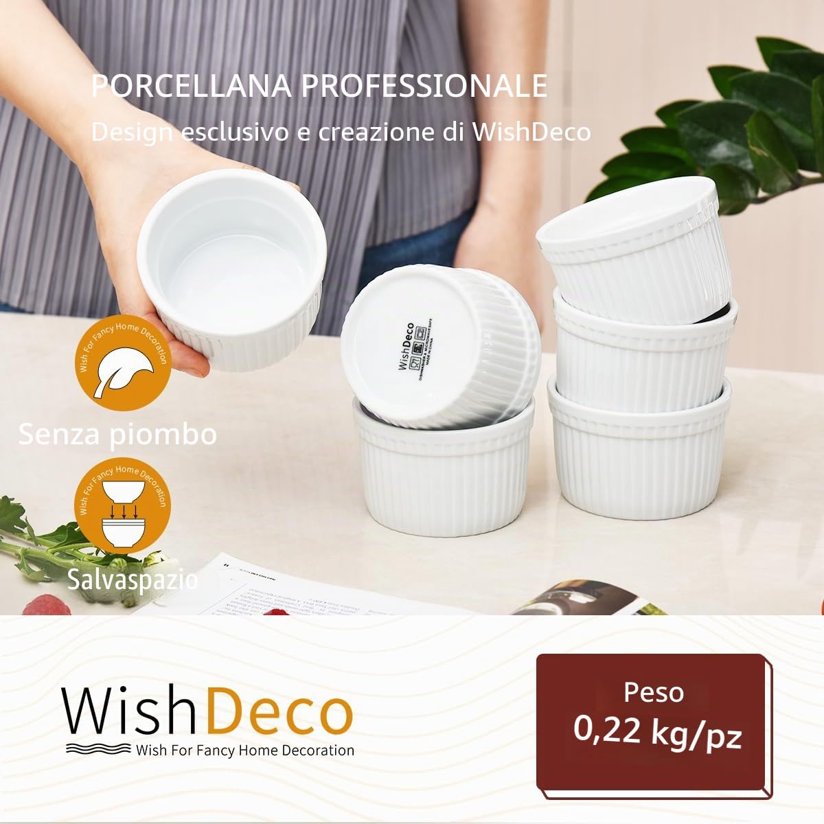 WishDeco Set di 6 Pirottini Ceramica, 200 ml Stampi per Soufflè, Cocotte Forno, Mini Pirottini Creme Brulee, Piccole Ciotole Bianche per Salse, Crema, Aperitivo