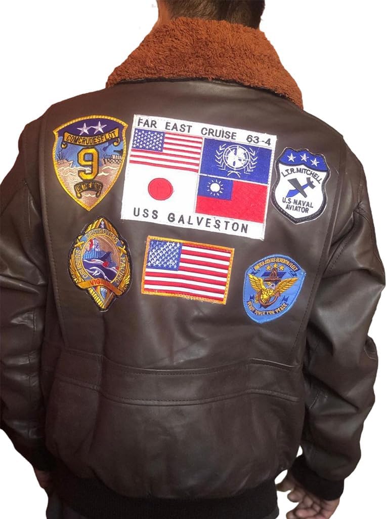 Men Brown Patches Jacket - Tom Gun G1 Bomber Maverick Aviator Leather Fur Collar Flight Jacket -Cruise Brown Leather Jacket
