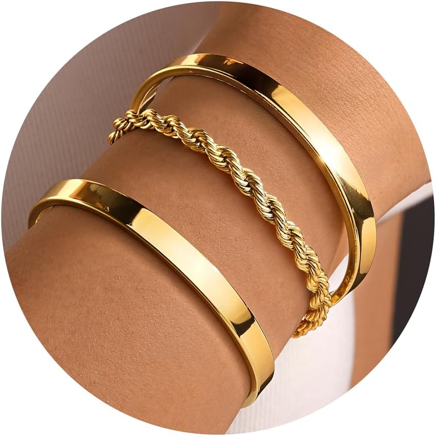 Gold Bracelets for Women Non Tarnish Dainty 14K Gold Plated Bangle Cuff Bracelets Stack for Women,Waterproof Stackable Bracelet Gold Jewelry Trendy Gifts Adjustable