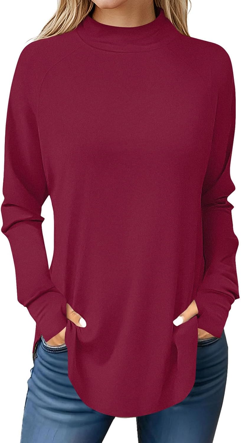 JUSTFASHIONNOW Tunic Tops for Women Casual Long Sleeve Turtle Neck Shirts Thumb Hole Curved Hem Tops Fall Fashion - Image 2