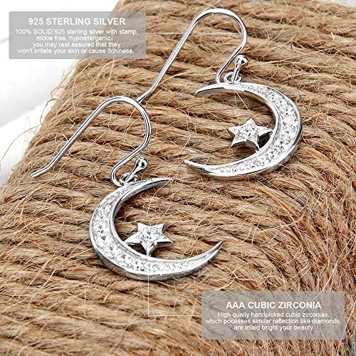 Sterling Silver Round Cubic Zirconia Crescent Moon & Star Dangle Earrings Star Jewelry for Women Mom4