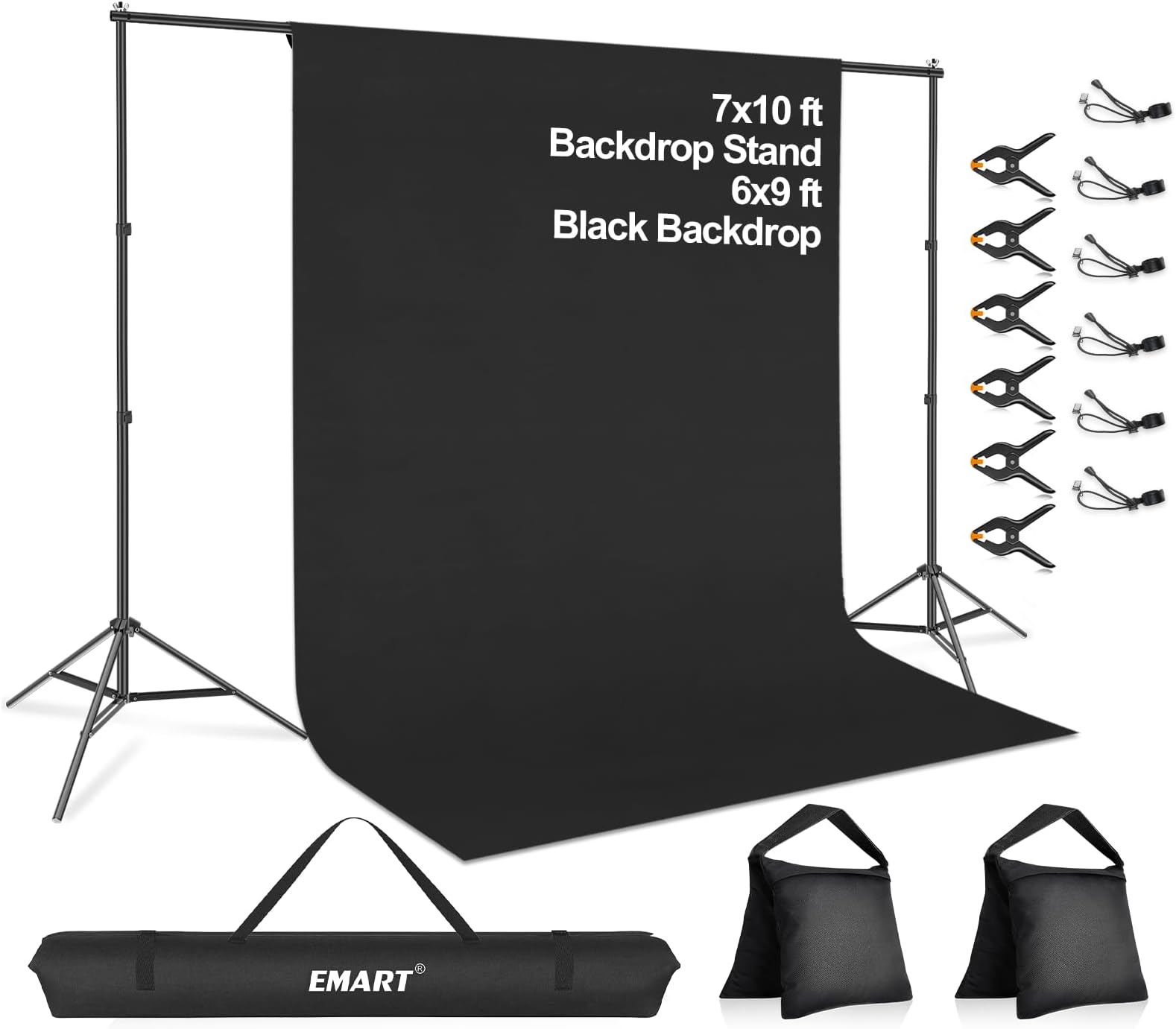 EMART 7 x 10 ft Adjustable Photo Backdrop Stand Kit with 9 x 6ft Portable Black Backdrop Screen, Background Holder Support System Kit for Photography, Party, Live Game, Interviews, YouTube, TIK Tok