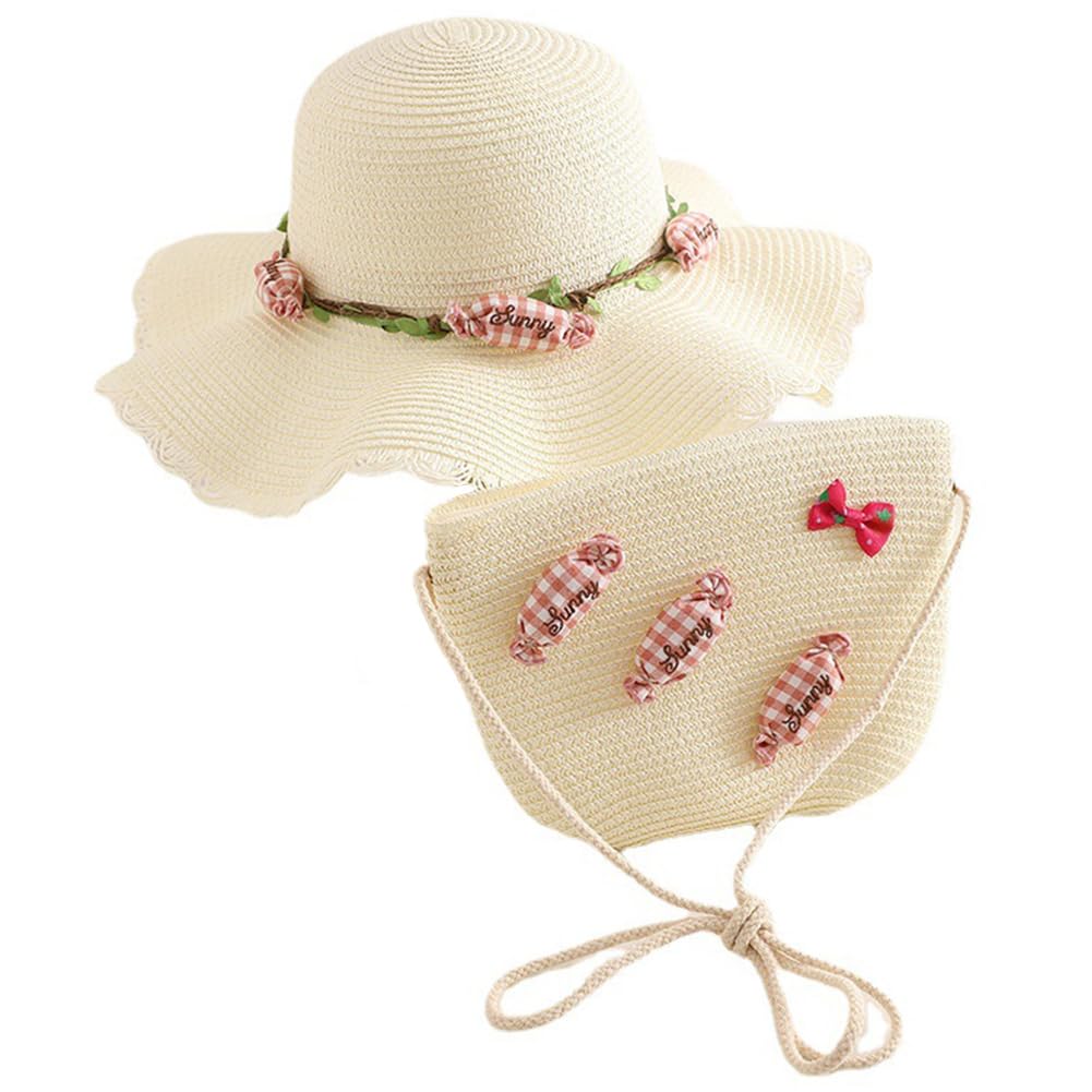 YCFAIIKG Sombrero de Paja y Bolso de Verano para Niña,Gorra de Sol Bolso Pequeño para Niñas,Mini Sombreros de Playa con Dulces Decoración,Suministros para Niños Viaje Piscinac al Aire Libre (Blanco Lechoso)