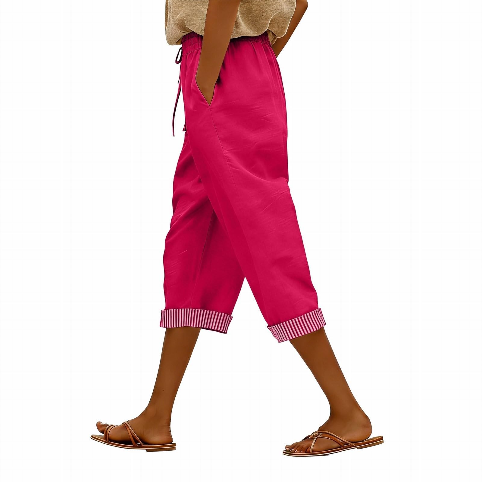Generisch Pantaloni da donna in lino, traspiranti, estivi, leggeri, con gamba larga, traspiranti, da spiaggia, eleganti, tinta unita, per il tempo libero, comodi, con tasche