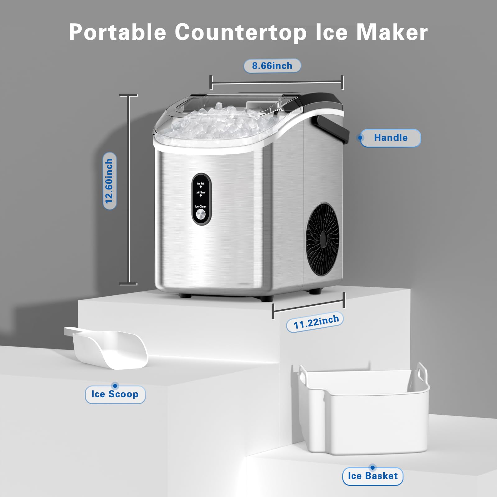 Zafro Nugget Ice Maker Countertop With Handle, Stainless Steel, 35lbs/24hrs,7 Mins Ice Making, Pellet Ice Maker With Ice Basket/Ice Scoop For Home/Bar/Party/Office on Fridge.com - View 3
