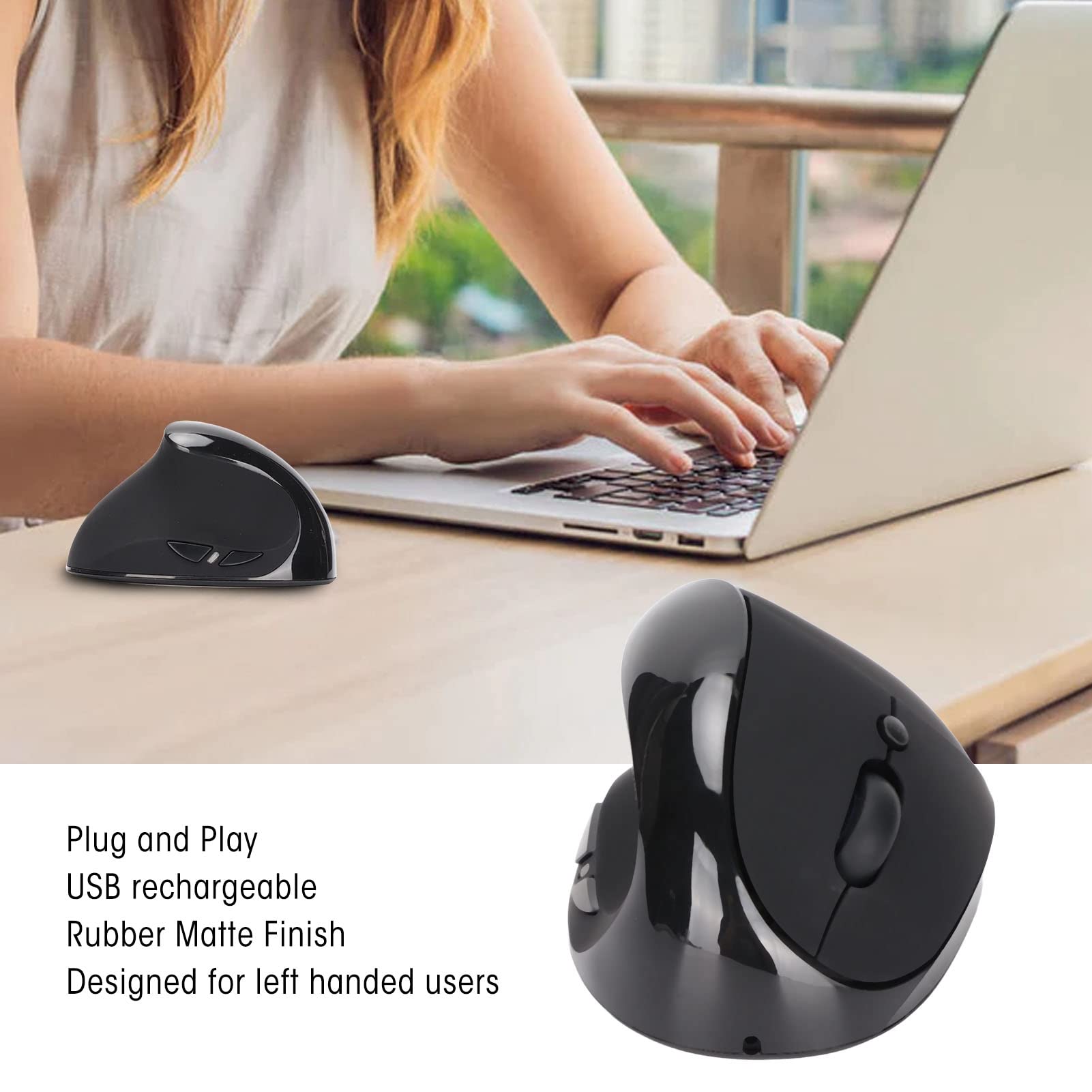 ciciglow Ratón para Zurdos, Inalámbrico 2.4G USB Ratón Vertical Ergonómico para Mano Izquierda Ratón Recargable dpi de 3 Niveles para 2000, XP, Vista, CE, 7, Linux, Android(Negro)