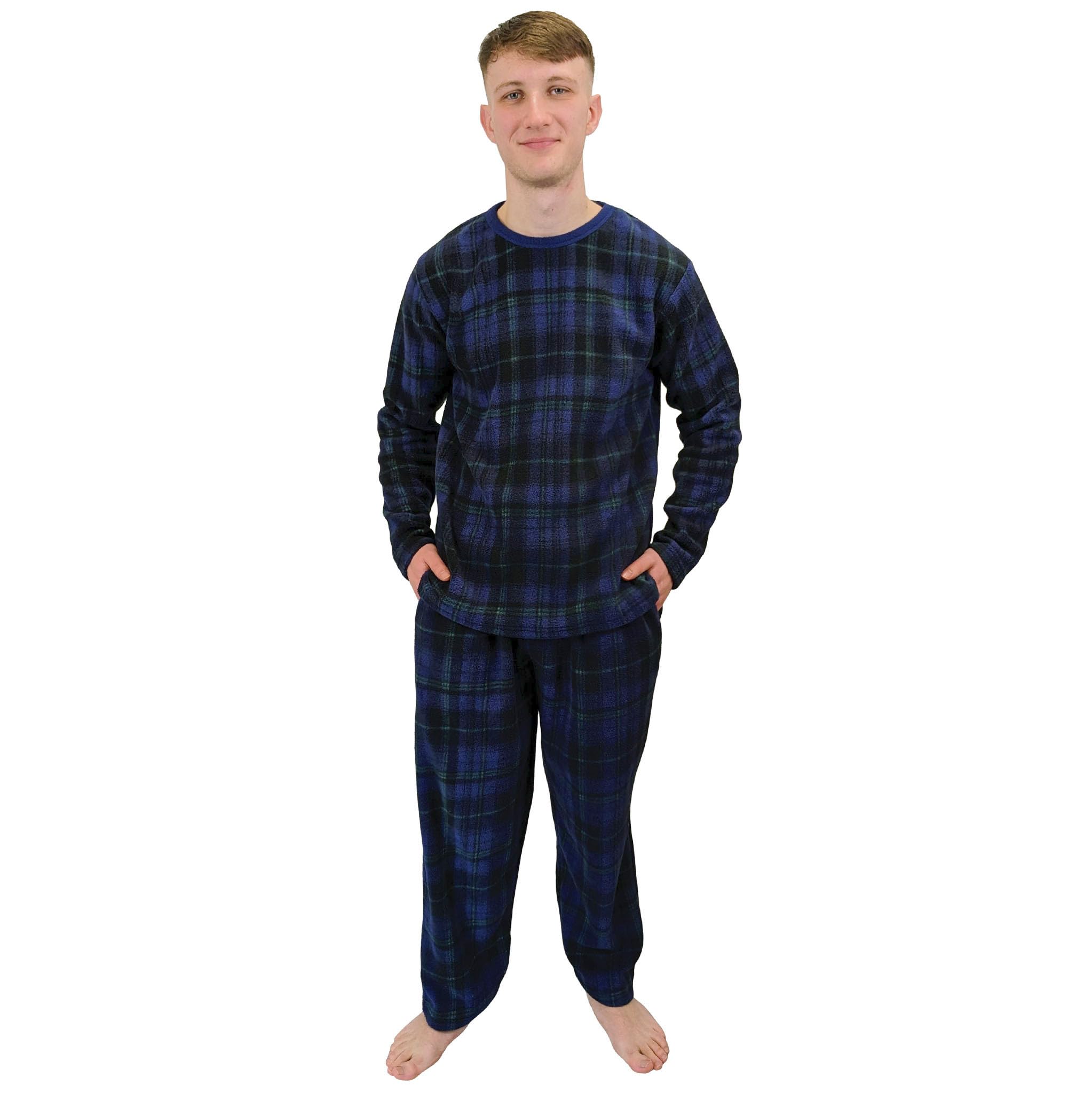 KRUXADER Mens Warm Fleece Loungewear Winter PJ Pyjama Set PJ's Pyjamas Sets Tartan (Maximus Navy, L)