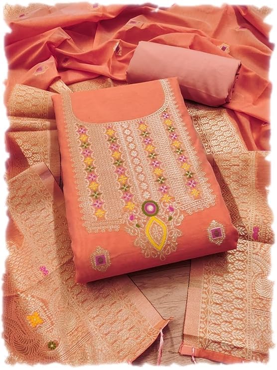Chanderi Suit|Pure Chanderi Banarasi Silk (3m)|Soft Cotton Bottom (2.5m)|Chanderi Banarasi Silk Dupatta (2.3m) with Tassels,Unstitched Material,Fits up to 60”,Length 48-image-41