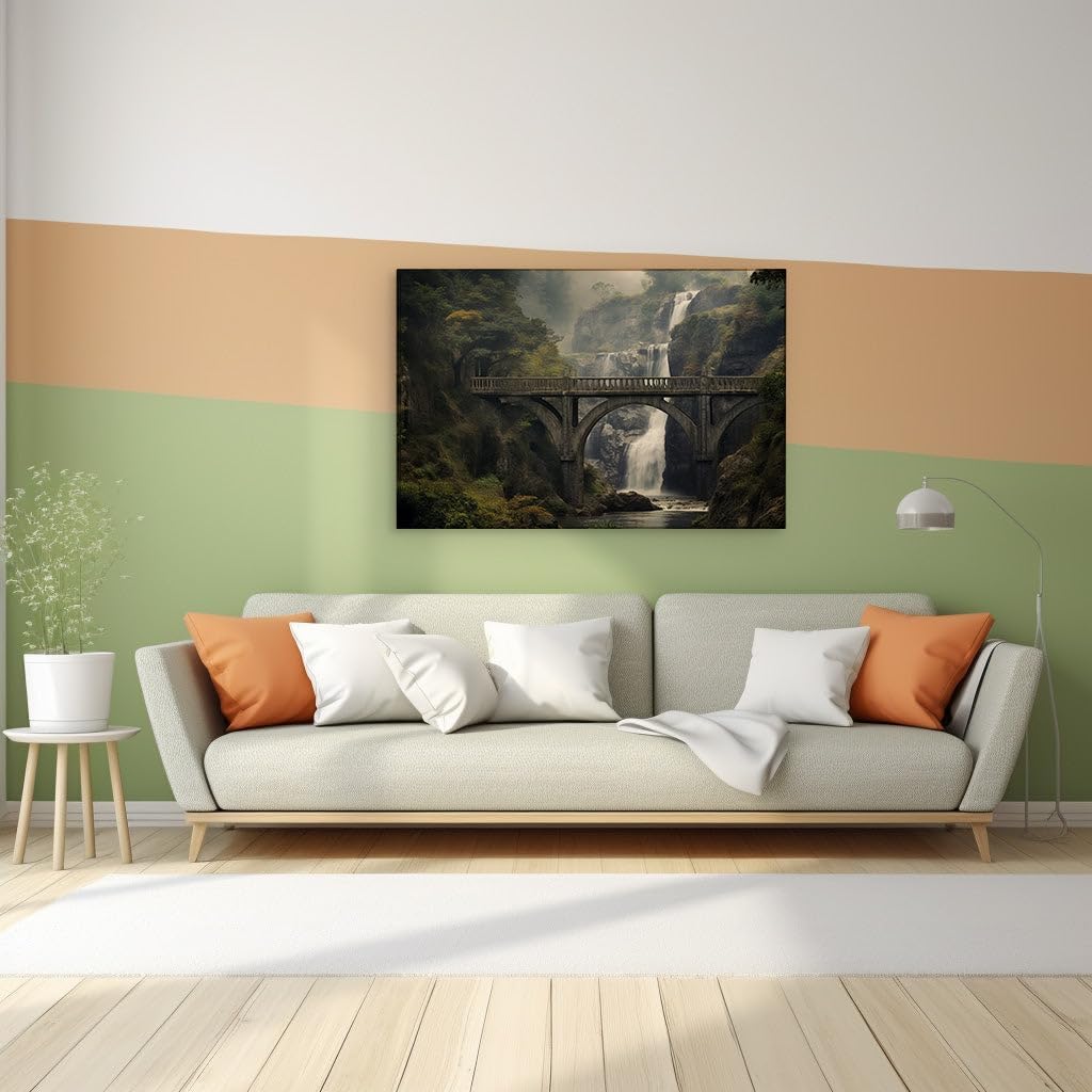 Canvas for Living room. Mystical Forest Tranquility: Discover the Serenity of Waterfall Whispers and Stone Bridge Wonders, 27 x 18 inch Canvas Wall Art - Ready to Hang