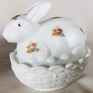 Glass Easter Bunny Rabbit on Covered Dish Mosser Glass (Milk w/Floral)