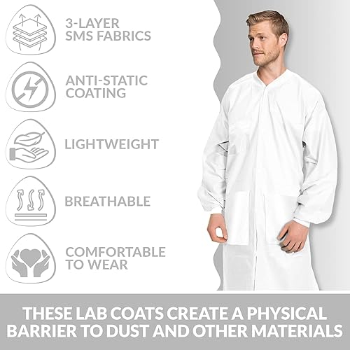 Miniatura 3 de MEDICAL NATION Paquete de 10 abrigos de laboratorio desechables Abrigo de laboratorio duradero de 1.76 oz SMS hasta la rodilla, blanco con puños y