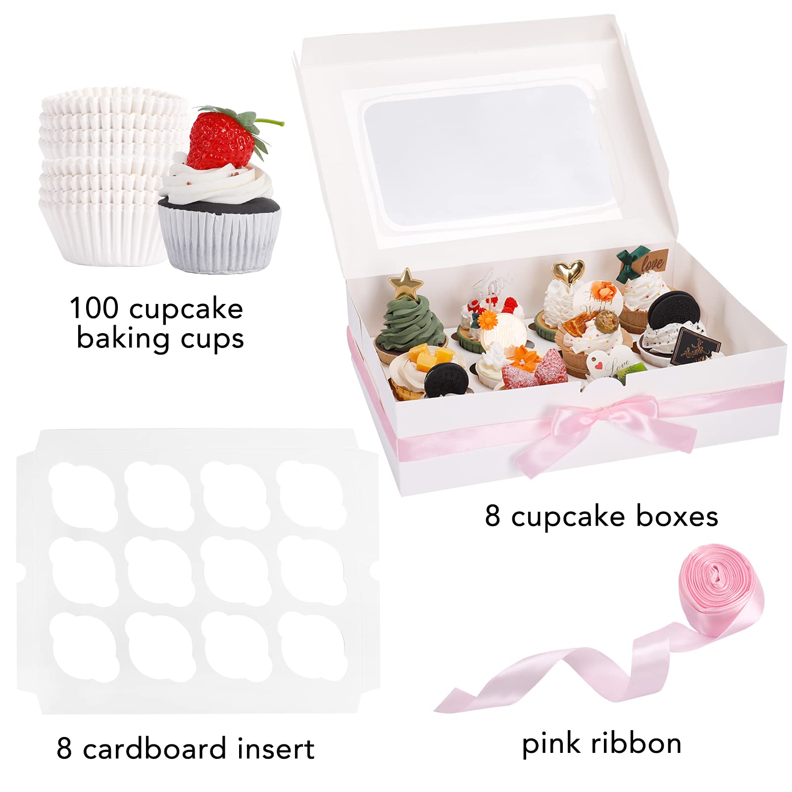 Moretoes Cupcake Boxes 8 Packs, White Cupcake Carrier Bakery Boxes with