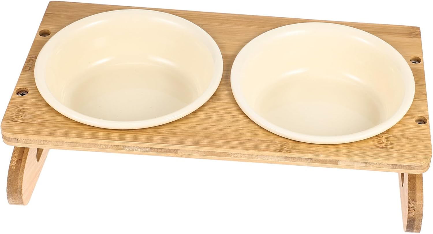 BESTonZON Elevated Ceramic Cat Bowl with Slip Base Neck Support Feeding Dish for Cats and Kittens PET Feeding Accessory with Wood Rack