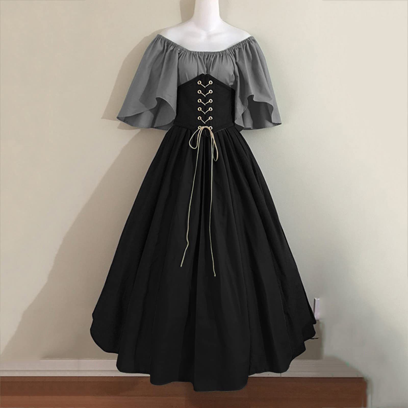 Generisch Abito medievale da donna, maniche a tromba, camicia irlandese con corsetto, abito tradizionale per Halloween, costume da cosplay, gotico retrò a maniche lunghe