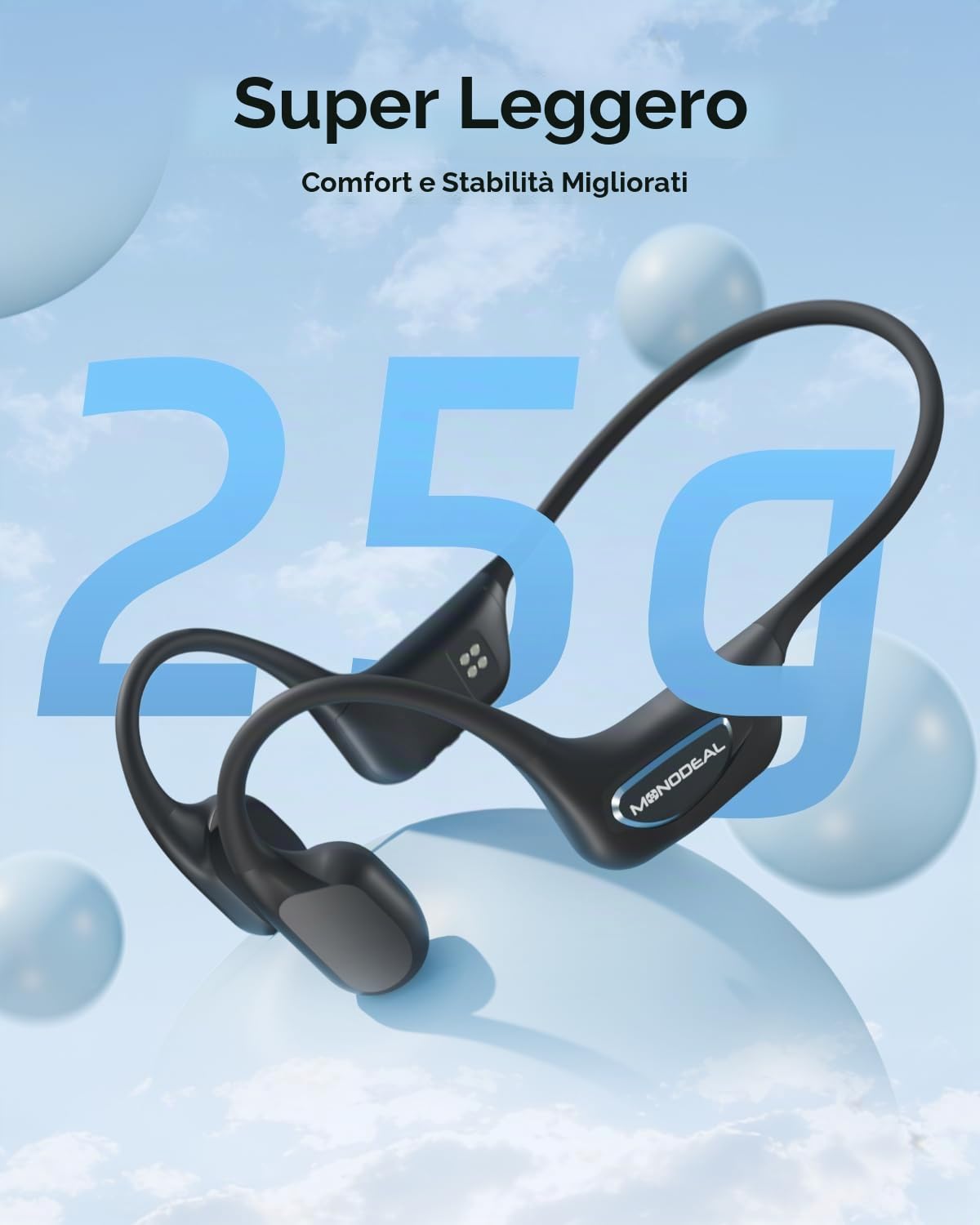 Cuffie Conduzione Ossea Bluetooth 6.0 per Corsa Fitness Ciclismo, IPX8, 25g | 25g Ultra-leggero e Materiale in silicone morbido per comfort, Impermeabile IPX8 per corsa, ciclismo e fitness, Non per nuoto