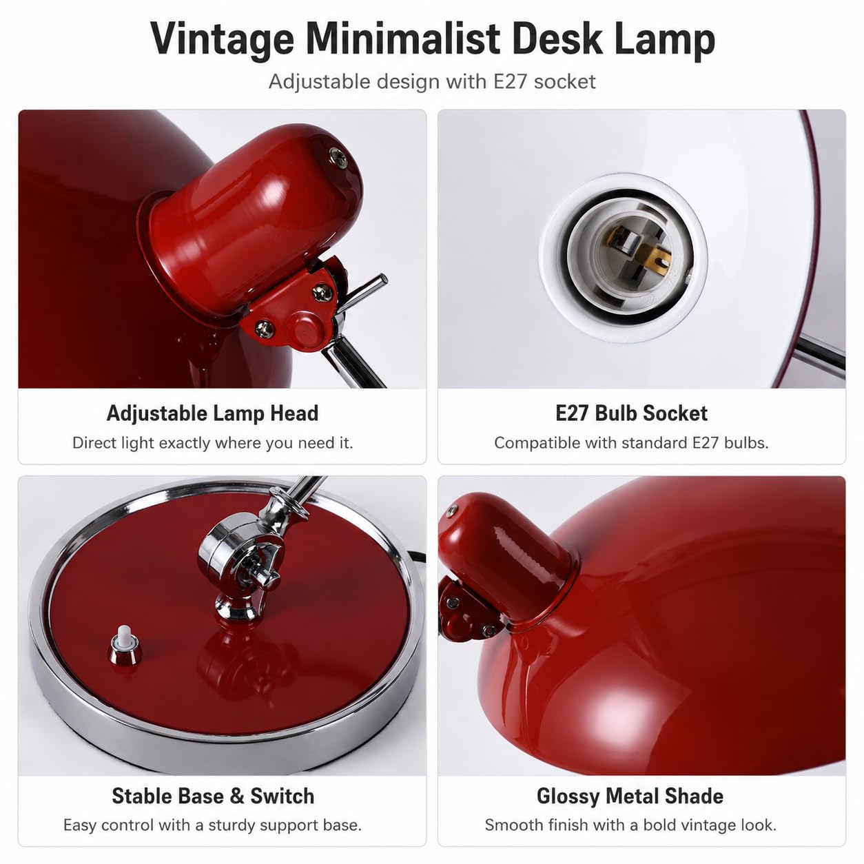 Alpinaluz Flexo de Mesa Bauhaus E27 Rojo y Cromo Metal Ø29 cm | Pantalla roja giratoria, brazo cromado ajustable e interruptor en base para escritorio, despacho, lectura o mesilla